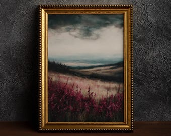 Dark Academia Field Print,Cottagecore Art,Moody Wall Art,Dark Botanical ,Dark Academia Floral,Moody Flowers,Rustic Landscape,Vintage Forest