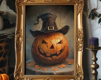 Kürbis mit Hexenhut-Halloween-Wandkunst, Kürbis-gespenstische Kunst, Halloween-Fall-Wandkunst, dunkle Academia, Gothik, rustikaler Herbstdruck, Hexenkürbis