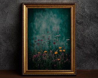 Emerald Green Wild Flower Print,Cottagecore Art,Moody Wall Art,Dark Botanical ,Dark Academia Floral,Moody Flowers,Rustic Vintage Wildflowers