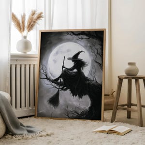 Witch in Front of a Full Moon - Witch Portrait,Autumn Witch Art,Mystical Witch Print,Halloween Witch,Witch in forest,Haunted Witch,Moon Art