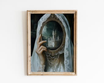 Victorian Woman with Mirror-Baroque Wall Art, Dark Academia Decor,Renaissance Art Prints, Dark Moody Antique Art,Dagger Print,Altered Print