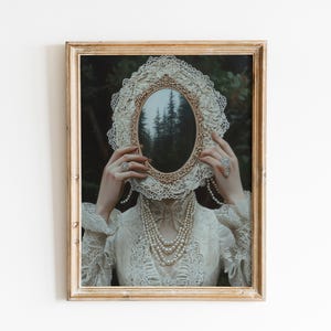 Victorian Woman with Mirror-Baroque Wall Art, Dark Academia Decor,Renaissance Art Prints, Dark Moody Antique Art,Dagger Print,Altered Print