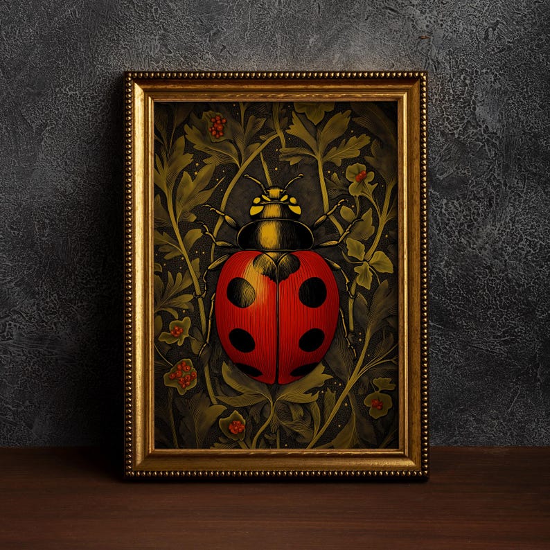 William Morris Inspired Ladybug Oil Painting,dark Academia Wall Art ...