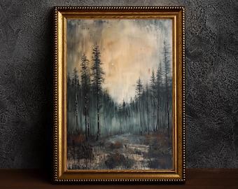 Rustic Forest Landscape Painting,Vintage Art Prints,Moody Landscape Painting,Dark Wall Art,Forest Night Landscape, Moody Dark Academia Art