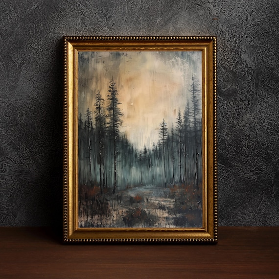 Rustic Forest Landscape Painting,Vintage Art Prints,Moody Landscape Painting,Dark Wall Art,Forest Night Landscape, Moody Dark Academia Art