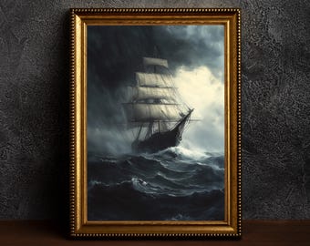 Oil Paint Stormy Sea Ship,Coastal & Ocean Aesthetic Dark Academia Decor,Moody Nautical Wall Art,Vintage Seascape,Maritime Art,Moody Ocean