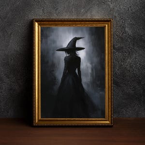 May include: A framed painting of a woman wearing a black witch's hat and dress, standing in a dark, misty forest.