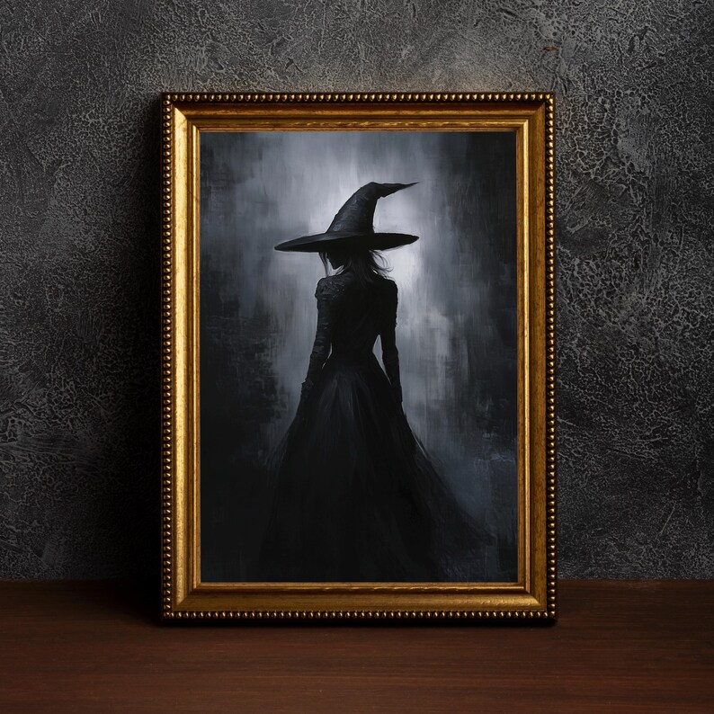 May include: A framed painting of a woman wearing a black witch's hat and dress, standing in a dark, misty forest.