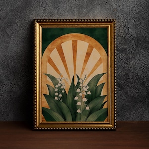 May include: A framed botanical print featuring lily of the valley flowers. The artwork has a gold frame and a background with a green upper section and a sunburst design in beige and gold. The flowers have white bell-shaped blooms and green leaves.