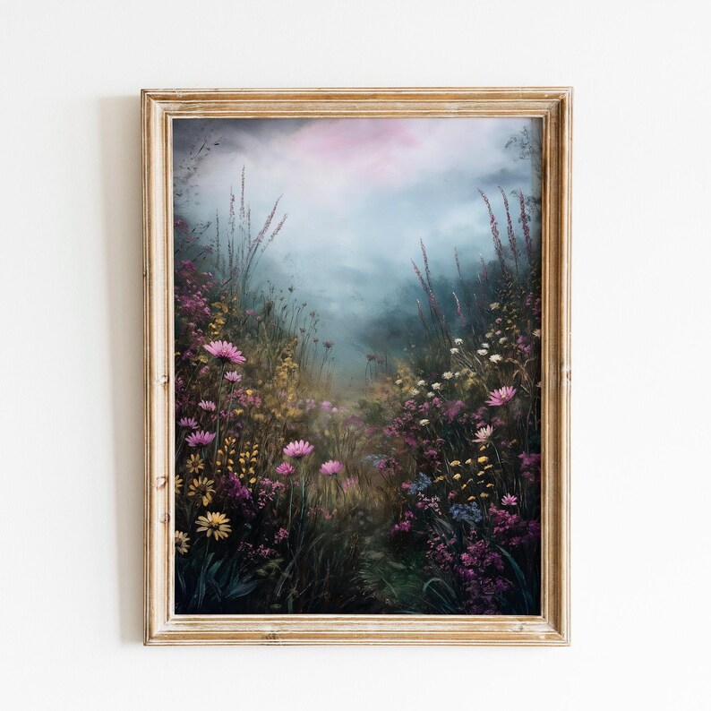 Dark Academia Field Print,Cottagecore Art,Moody Wall Art,Dark Botanical ,Dark Academia Floral,Moody Flowers,Rustic Landscape,Vintage Forest image 3