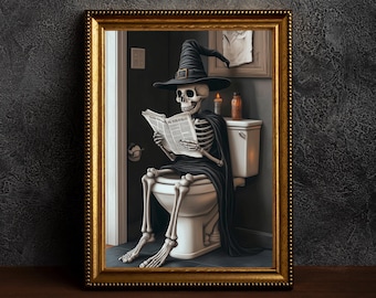 Skeleton On Toilet- Halloween Decor Bathroom,Moody Bathroom Wall Art,Dark Bathroom Print, Funny Skull Prints,Halloween Decor,Funny Skeleton