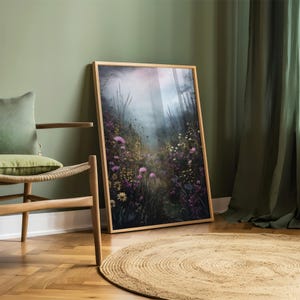 May include: A framed print of a misty forest scene with a path leading through a field of wildflowers. The flowers are in shades of pink, purple, and white. The background is a soft, hazy blue.
