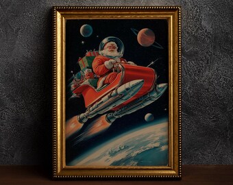 1950s Cosmic Christmas| Retro Xmas Sci Fi Holiday | Vintage Space Age Christmas | Santa Riding Rocket Sleigh | 1950s Holiday Artwork