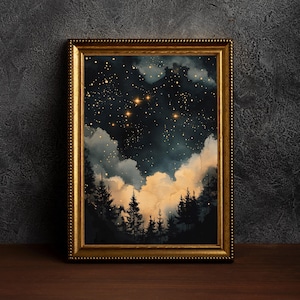 Vintage Enchanting Celestial Stars Art,Celestial Star Print,Night Art,Vintage Landscap,Celestial Moon Print,Night Sky Painting,Dark Academia