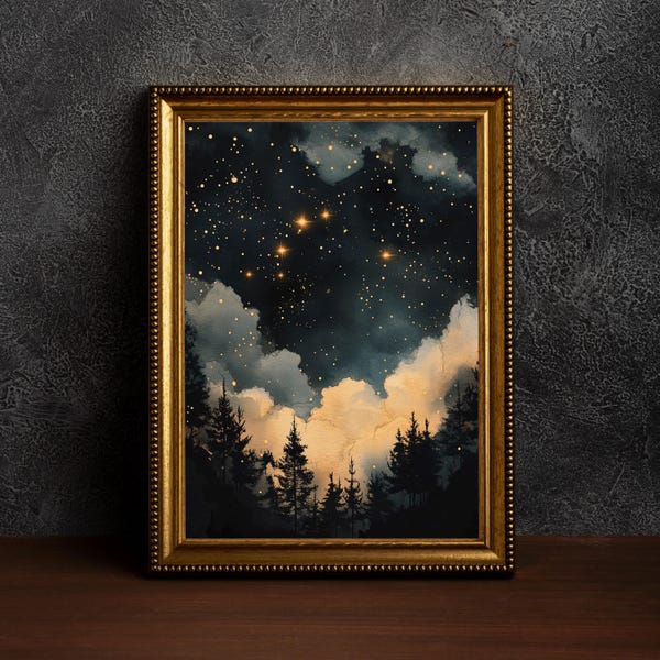 Vintage Enchanting Celestial Stars Art,Celestial Star Print,Night Art,Vintage Landscap,Celestial Moon Print,Night Sky Painting,Dark Academia