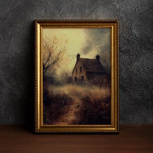 Cottage in Forest ,Vintage Dark Academia Cottage Print | Moody Cottagecore Decor, Gothic Wall Art, Aesthetic Fall Landscape Cottage Poster