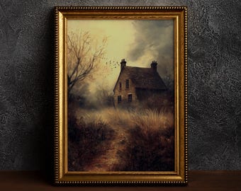 May include: A framed painting of a stone house with a brown roof, surrounded by tall grass and trees. The house has a few windows and a chimney. The sky is cloudy and there are birds flying in the distance.