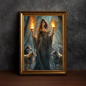 Hecate: Guardian of the Night - Greek Mythology Wall Art,Gothic Hecate Portrait,Goddess of the Underworld,Hecate and Wolfs,Witch Decor Print