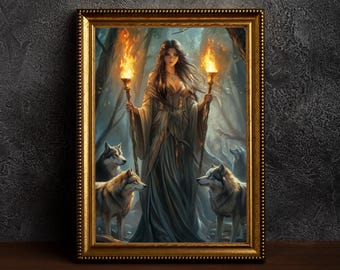 Hekate: Wächterin der Nacht - Griechische Mythologie Wandkunst,Gothic Hekate Portrait,Göttin der Unterwelt,Hekate und die Wölfe,Hexe Dekor Druck