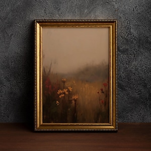 Dark Academia Felddruck, Cottagecore Kunst, launische Wandkunst, dunkle botanische, launische Blumen, rustikale Landschaft, Vintage Wald