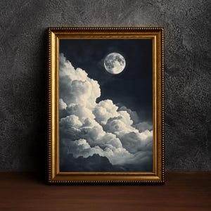 Vintage Enchanting Celestial Moon Art,Celestial Full Moon,Night Art,Vintage Landscape,Moon Art,Night Sky Painting,Dark Academia