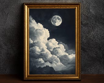 May include: A framed print depicting a night sky with a full moon and fluffy white clouds. The clouds are layered and appear to be moving across the sky.