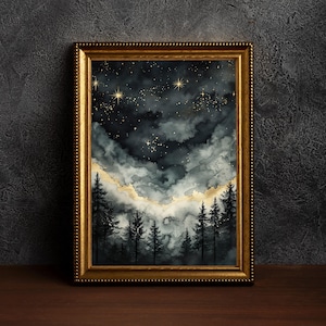 May include: A framed watercolor painting of a dark forest with a starry night sky. The clouds are painted in shades of gray and blue, with gold accents. The stars are a bright yellow.