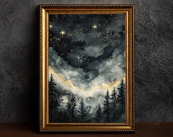 Vintage Enchanting Celestial Stars Art,Celestial Star Print,Night Art,Vintage Landscap,Celestial Moon Print,Night Sky Painting,Moon Art