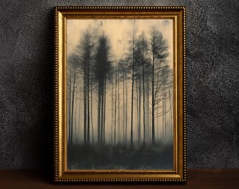 May include: A framed art print featuring a misty forest scene. The artwork depicts tall, slender trees in shades of black and gray, creating a moody and atmospheric landscape. The gold frame adds a touch of elegance to the artwork.