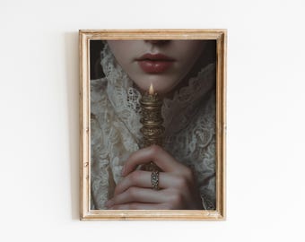 Victorian Woman with Candle-Baroque Wall Art, Dark Academia Decor,Renaissance Art Prints, Dark Moody Antique Art,Dagger Print,Altered Print