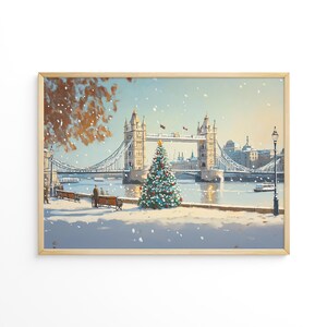 May include: A snowy winter scene with Tower Bridge in the background. A Christmas tree stands in the foreground with a couple sitting on a bench in front of it.