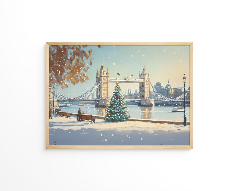 May include: A snowy winter scene with Tower Bridge in the background. A Christmas tree stands in the foreground with a couple sitting on a bench in front of it.