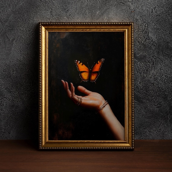 Orange Butterfly Oil Painting,Dark Academia Wall Art,Rustic Moth Art, Dark Cottagecore Moth Print, Vintage Animal Art,Butterfly Lover Gift