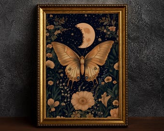 Illustratie hemelvlinder, etherische natuurscène, rustieke nachtvlinderkunst, donkere Cottagecore nachtvlinder print, wassende maan, vlinder minnaar cadeau