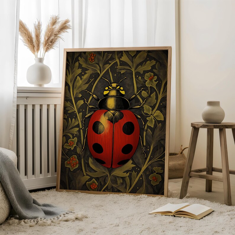 William Morris Inspired Ladybug Oil Painting,dark Academia Wall Art ...