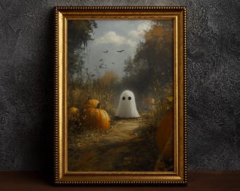 Ghost and Jack O Lanterns- Halloween Wall Art, Ghost Print ,Oil Paint Spooky Decor,Haunted House Art,Fall Decor,Seasonal Decor-Single Poster
