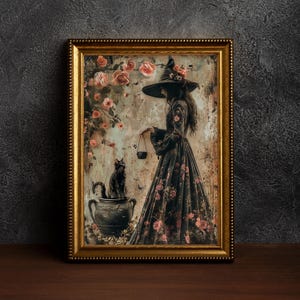 May include: A framed illustration of a witch in a black dress and hat, holding a cauldron. She is standing in a garden with pink roses and a black cat sitting on a pot.