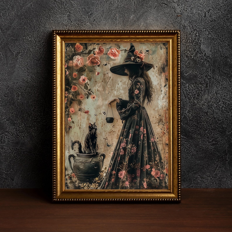 May include: A framed illustration of a witch in a black dress and hat, holding a cauldron. She is standing in a garden with pink roses and a black cat sitting on a pot.