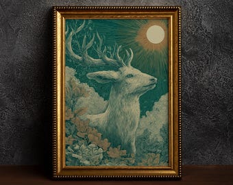 Majestic Deer Wall Art | Celestial Sunbeam Deer Poster | Nature Woodland Animal Decor | Mystical Forest Stag Art | Vintage Engraved Deer