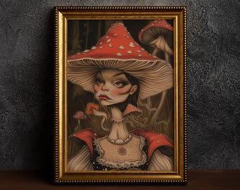 Fantasy Mushroom Girl Art | Whimsical Toadstool Lady | Surreal Mushroom Portrait | Magical Fantasy | Dark Whimsical | Psychedelic Mushroom
