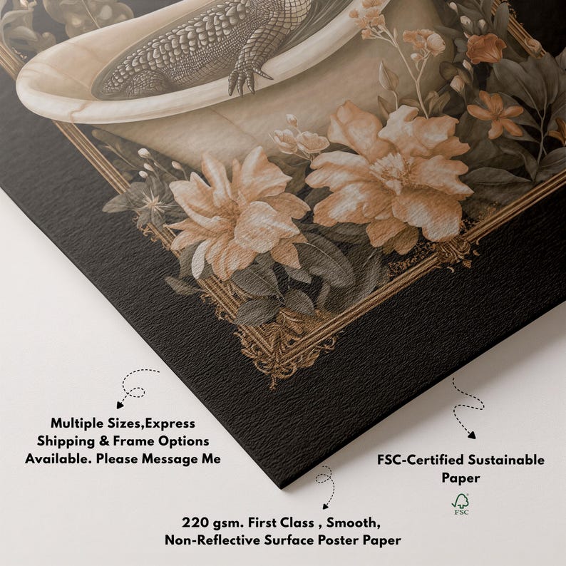 Art Nouveau Crocodile Bath Art,Vintage Exhibition Poster,Bathroom Decor Print,Floral Alligator in Bath,Alligator Lover Gift Idea image 4