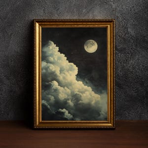 May include: A framed painting of a full moon shining through a thick layer of clouds in a dark night sky.