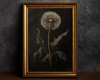 Impression d'art pissenlit | Art floral botanique dans Dark Academia, giclée Dark Academia, styles lugubres | Décoration murale élégante de pissenlit - Poster simple