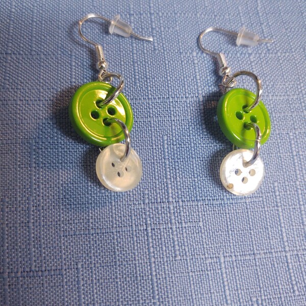 Handmade button drop dangle earrings, Green and white Button earrings, Earrings with attached jump ring,  Has Ear Wire closure, Gift for her