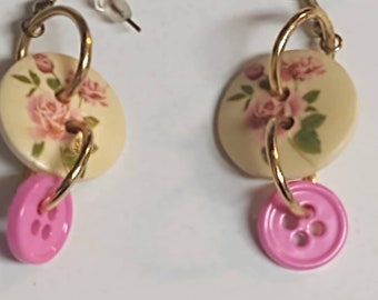 Handmade button dangle drop earrings, Wood floral earrings with pink buttons attached with jump ring. Has ear wire closure,