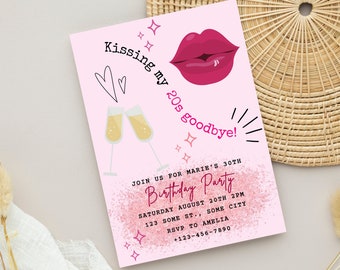 Kissing My 20s Goodbye Invite, 30th Birthday Invite, Pink Women Birthday Invite, Birthday Brunch Invite, DIY Invite, Digital Download, Canva