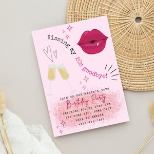 Kissing My 20s Goodbye Zaproszenie, Zaproszenie na 30. urodziny, Różowe zaproszenie na urodziny kobiet, Zaproszenie na urodzinowy brunch, Zaproszenie DIY, Pobieranie cyfrowe, Canva