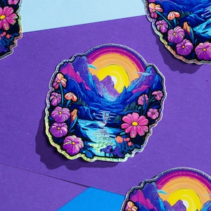 Glitter Sticker Magic Waterfall in River Valley Shiny Holographic Vinyl Decal for Laptop, Water Bottles, and Car
