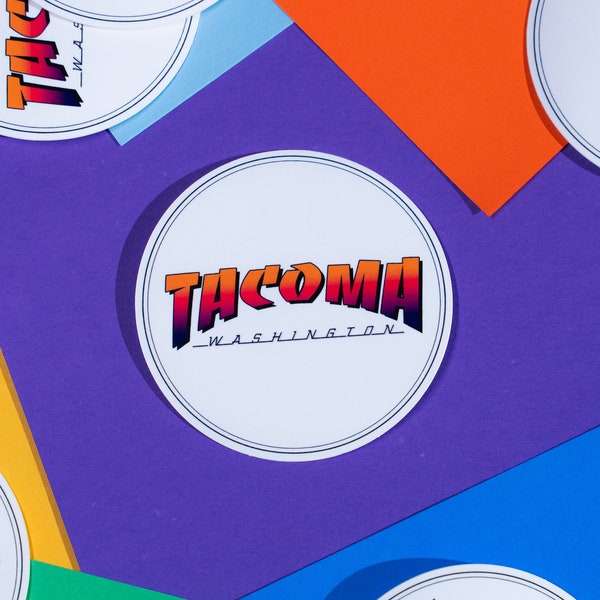 Tacoma Sunset Sticker 80's Old School Retro Circular Vinyl Sticker Tacoma Washington