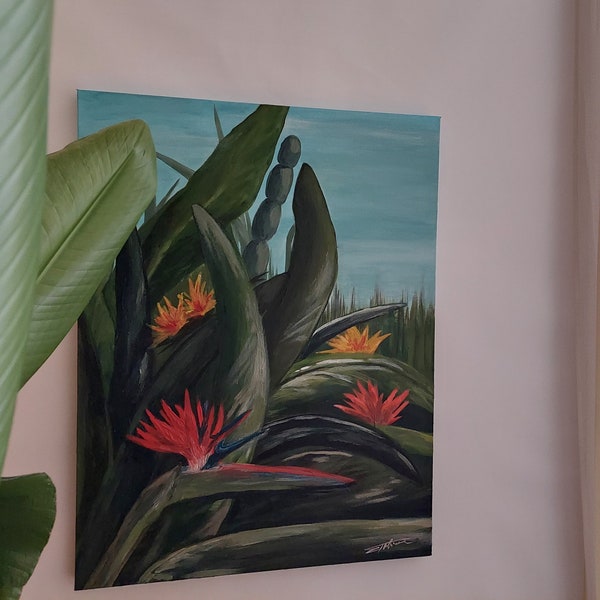 Acrylic painting, 31.50x23.62 Inches, Vertical, Large original nature plant strelitzia, Green modern leaf, Living room decor, Wall art